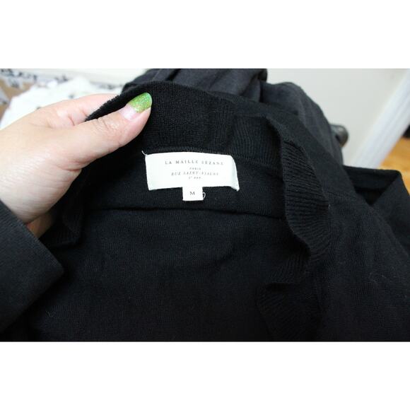 Sezane Kim Black Ruffle Wool V Neck Sweater Jumper Size Medium - Picture 6 of 6